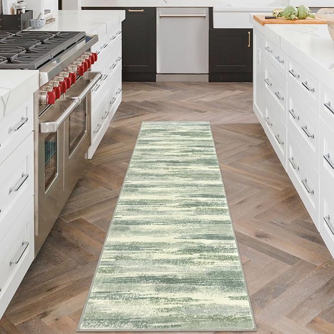 Lansny Modern Abstract Runner Rug 2x6, Sage Green Grey Washable Entryway Runner Non-Slip Soft Hallway Rug Runner Thin Print Faux Wool Carpet for Kitchen Bedroom Laundry Room Indoor