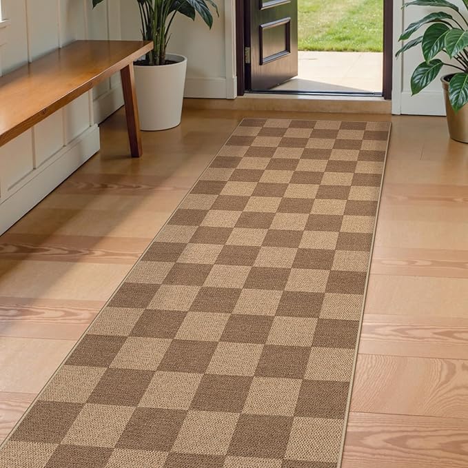 Lahome Colette Checkered Easy Jute Kitchen Runner, 2x8 Washable Indoor Outdoor Runner Rug, Checkerboard Non Slip Non Shedding Neutral Carpet for Hallway Entryway Foyer