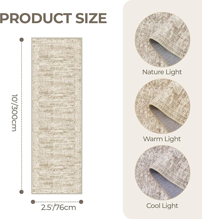 Kitchen Runner Rugs Non Skid Washable - 2.5 x 10 Runner Rug with Anti Slip Backing, Ultra-Thin Soft Rug Runner for Hallway, Bedroom, Living Room (2.5'x10', Brown/Ivory)