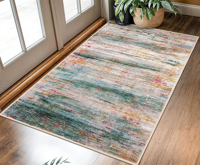 KOZYFLY Area Rug 3x5 Modern Ombre Living Room Rug, Washable Rugs for Bedroom Non-Slip Soft Stain Resistant Striped, Print Green Abstract Carpet for Living/Laundry/Kid Room