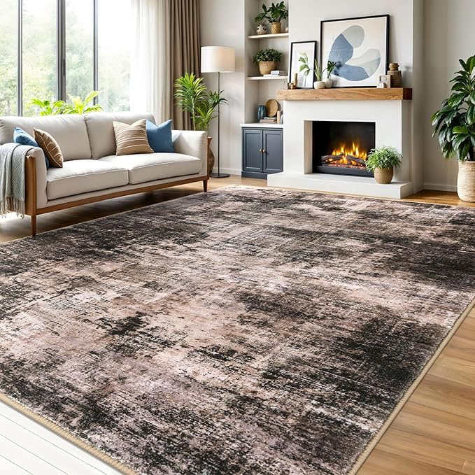 IOHOUZE Abstract Area Rugs 9x12 Ft Washable Large Rugs for Living Room, Non Slip Dining Room Rug, Printed Faux Wool Rugs for Bedroom, Floor Carpet for Office Nursery Playroom, Brown/Rust