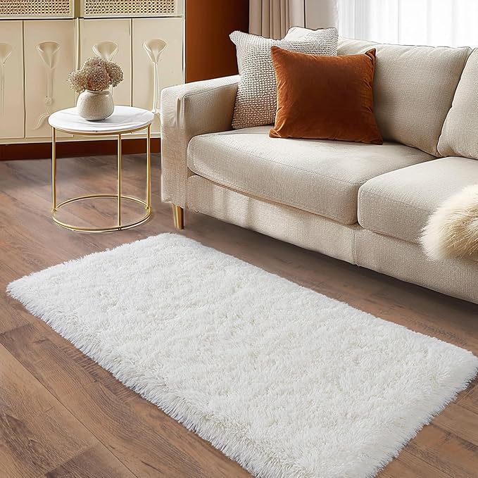 Ultra Soft Runner Rugs for Bedroom Hallways with Upgraded Non-Slip Rubber Backing & Thick Memory Sponge, 2x4 Feet Fluffy Shag Throw Area Rug for Bedside Dorm Cream