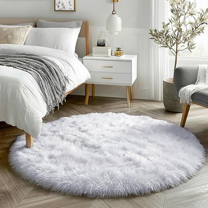 Round Rugs 5Ft White Circle Area Rug, Fluffy Fuzzy Bedroom Carpets for Kids Playroom Home Decor Aesthetic, Plush Soft Shaggy Living Room Rugs for Nursery Dorm Classroom, Modern Cute Shag Furry Carpet
