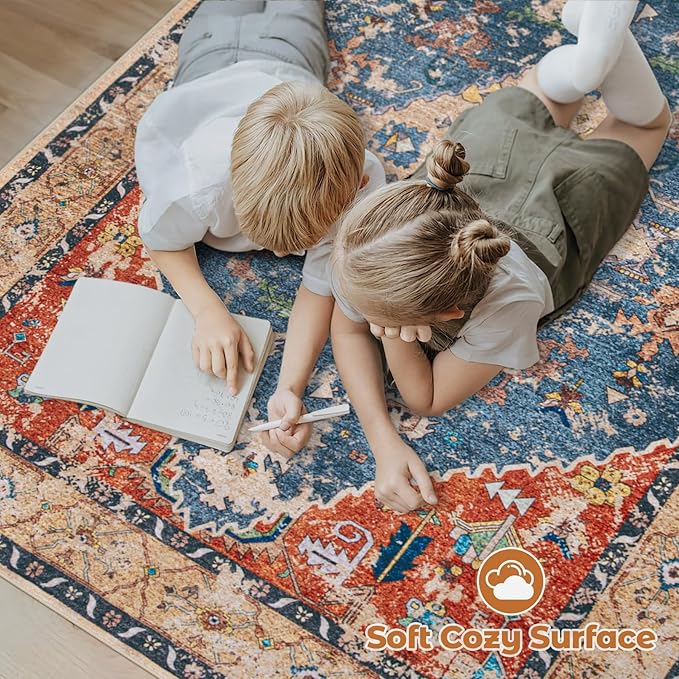 Area Rug 5x7 Washable Rug, Vintage Boho Medallion Rugs Non-Slip Soft Low Pile Large Distressed Rug Indoor Retro Carpet for Living Room Bedroom Dining Room Office (TribalMedallionMulti, 5'x7')