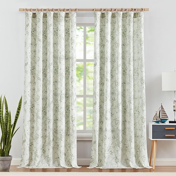 jinchan Floral Curtains 96 Inches Long Sage Green Flower Linen Farmhouse Curtain for Living Room French Country Vintage Curtain Rod Pocket Curtains Set 2 Panels Floral Printed