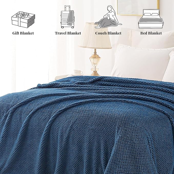 Whale Flotilla Queen Size Fuzzy Fleece Blanket for Bed, 90x90 Inch Fluffy Warm Soft Jacquard Blankets for All Season, Lightweight and Cozy, Navy Blue