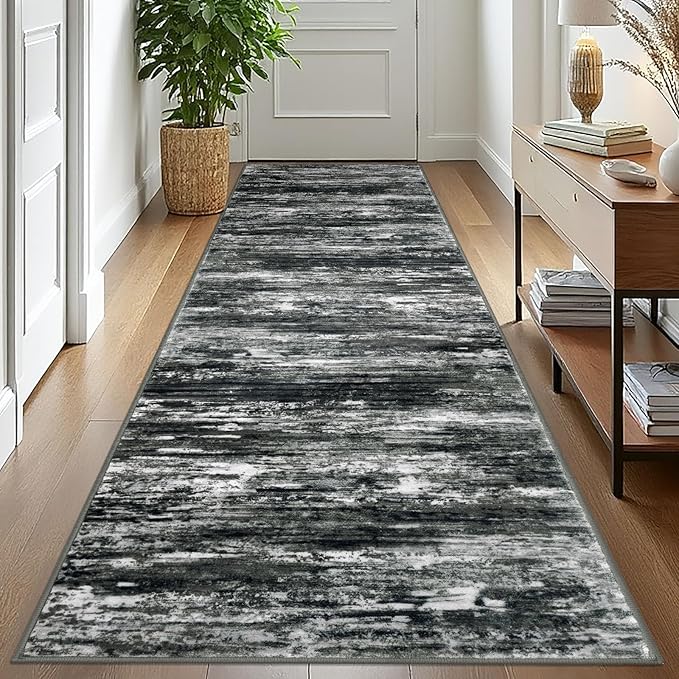 KOZYFLY 3x10 Ft Rug Modern Ombre Runner Rug for Hallway, Washable Kitchen Rugs Non-Slip Soft Striped Entryway Rug, Print Black Grey Abstract Carpet for Laundry Nursery