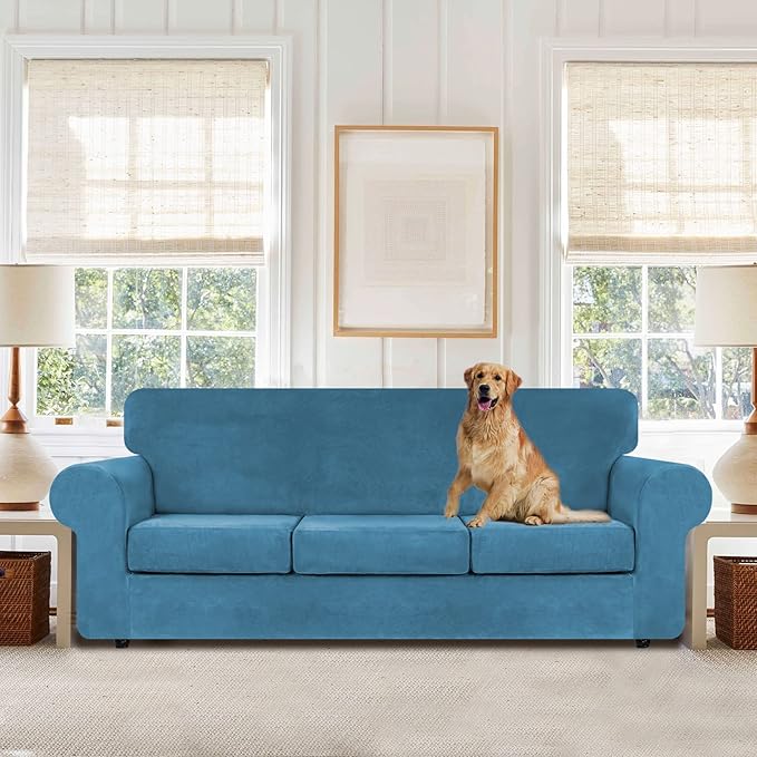 WEERRW 4 Pieces Velvet High Stretch Couch Covers for 3 Cushion Couch Sofa Slipcovers, Washable Furniture Protector with Non Slip Elastic Bottom, Feature Soft Plush Fabric, Peacock Blue, Large