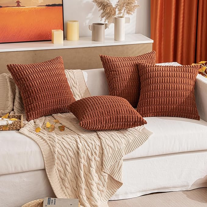 MIULEE Pack of 2 Dark Rust Corduroy Decorative Pillow Covers 18x18 Inch Soft Boho Striped Throw Pillow Covers Modern Farmhouse Home Decor for Summer Sofa Living Room Couch Bed