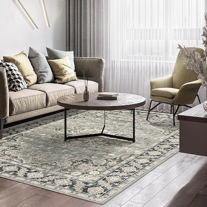 7X9 Area Rugs - 7X9 Washable Area Rug Indoor Vintage Rug Print Rug Low-Pile Floor Carpet for Living Room, Bedroom (Olive Charcoal/Yellow/Tan)