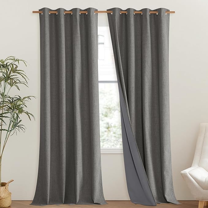 NICETOWN Grizzle Gray Vintage Linen 100% Blackout Curtains for Living Room, Thermal Insulated Curtains 120" Long, Noise Reducing Window Treatment Drapes for Hall Room, 52" Wide Per Panel, Set of 2