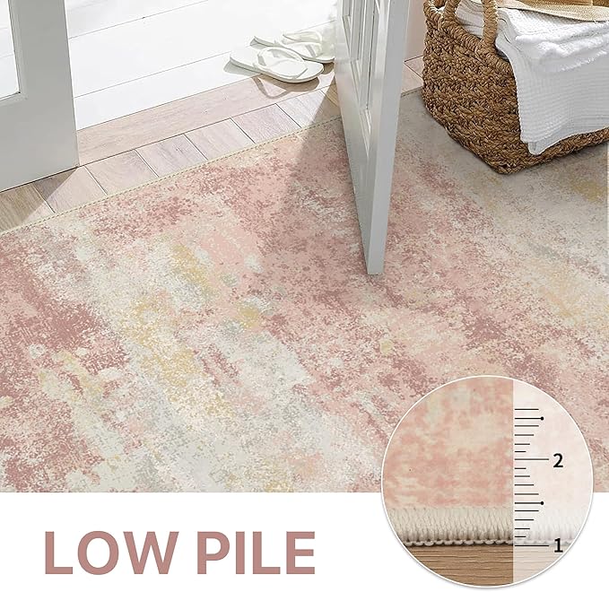 Area Rugs 8x10 for Living Room Bedroom, Modern Abstract Machine Washable Rug, Large Soft Low Pile Floor Carpet with Non Slip Backing for Dining Room, Pink/Cream