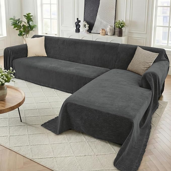 Sectional Couch Covers, 2 Pieces Washable L Shaped Couch Covers Sofa Blanket for Dogs Pet Friendly Sectional Sofa Slipcovers Furniture Covers,71"x 118"+ 71"x 118",(XX-Large,Charcoal Gray)