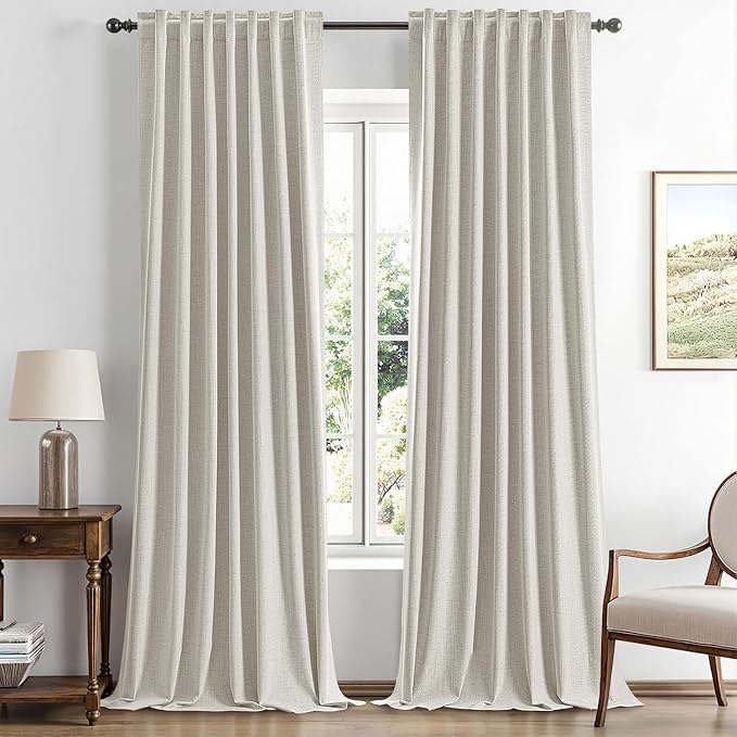 MIULEE 100% Blackout Linen Curtains for Bedroom, Light Cream Solid Luxury Decor Thermal Insulation Room Darkening Drapes for Living Room Nursery Back Tab Rod Pocket 42 x 96 Inches, 2 Panels