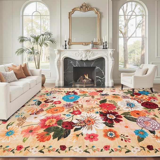 Area Rugs 9x12 Living Room Washable Rug Non Slip Floral Low Pile Large Rug for Living Room, Bedroom, Farmhouse, Dining Room, Kids Playroom(Yellow Garden, 9 x 12)