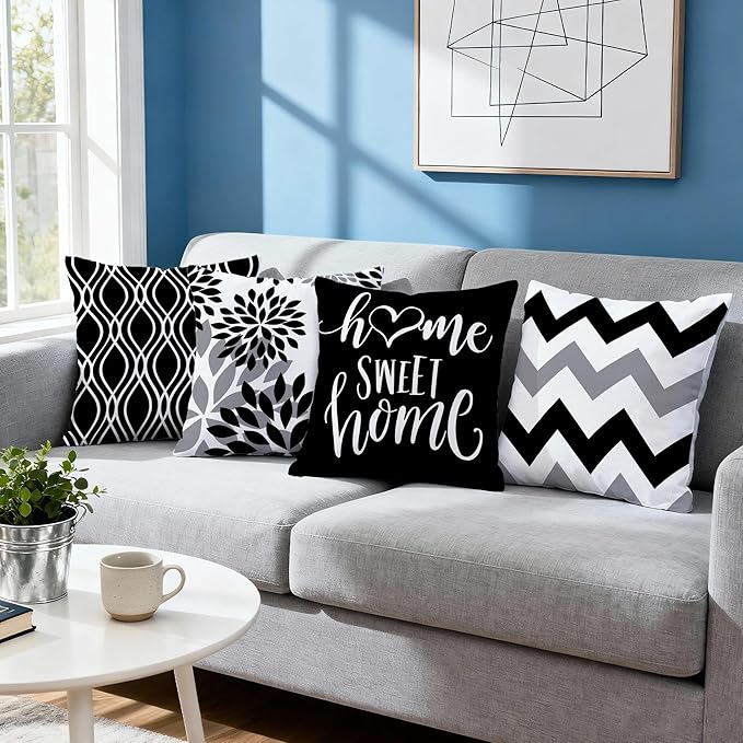 Hexagram Geometric Black Pillow Covers 18x18 Set of 4, Decorative Outdoor Boho Modern Throw Pillow Covers, Home Sweet Home Farmhouse Cushion Case for Couch Sofa Bedroom Indoor Decor(No Insert)