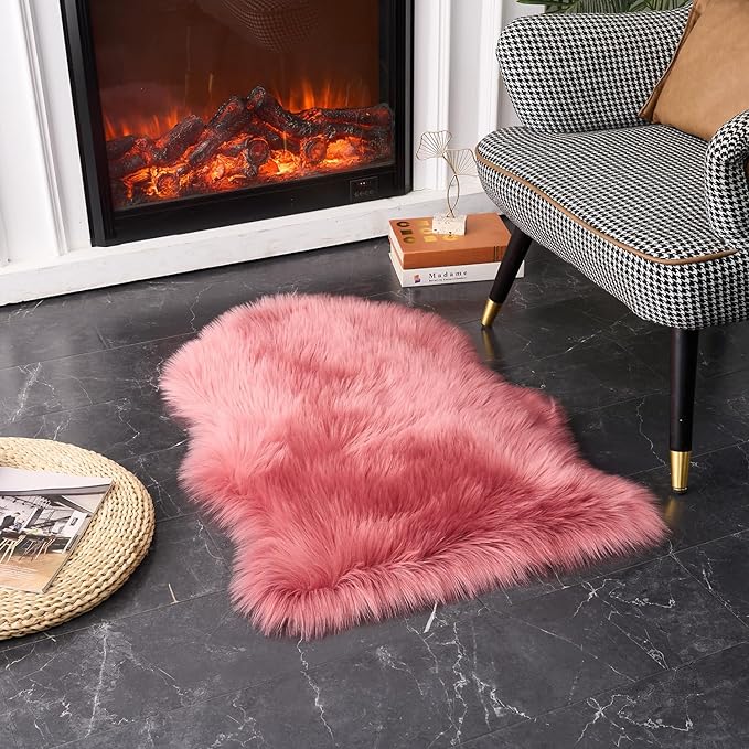 EasyJoy Ultra Soft Fluffy Shaggy Area Rug Faux Fur Rug Chair Cover Seat Pad Fuzzy Area Rug for Bedroom Floor Sofa Living Room (2 x 3 ft Sheepskin, BlushPink)