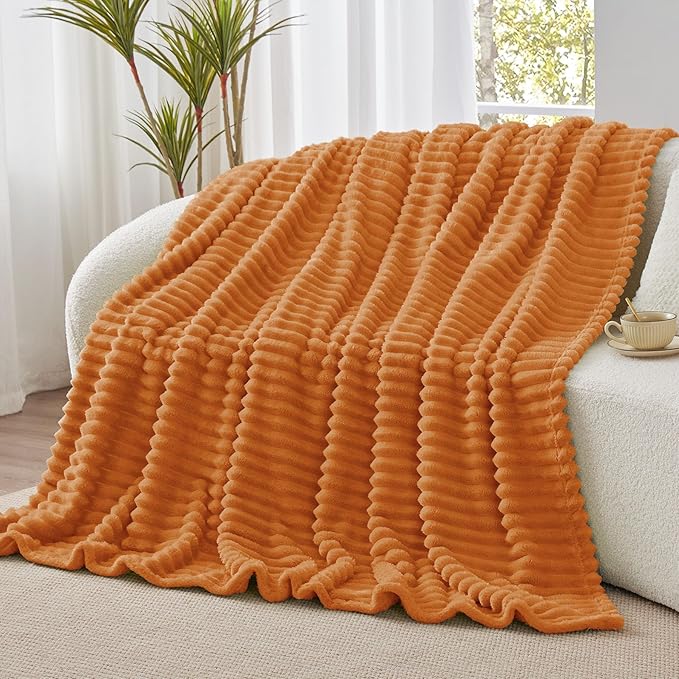 BEDELITE Fall Throw Blanket for Couch - 300GSM Soft & Warm Fluffy Fleece Blanket, Decorative and Giftable Burnt Orange Striped Blankets for Women, Men, 50"x60"