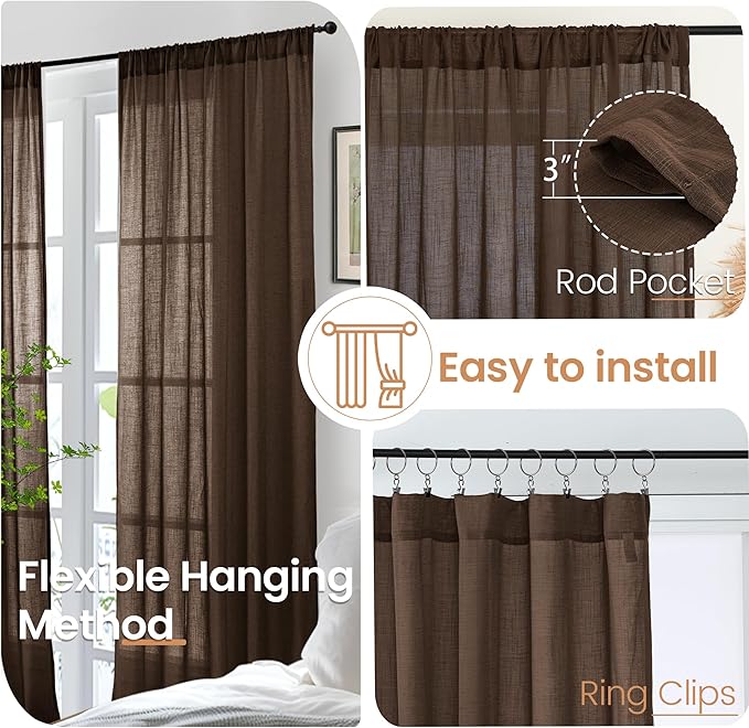 Panels for Small Windows, Brown Linen Blend Light Filtering Curtains, Set of 2
