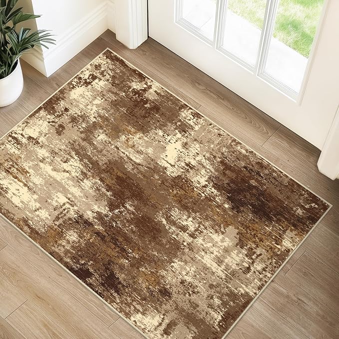 Washable Area Rugs 2'x3' Non-Slip Modern Abstract Soft for Living Room Entryway Bedroom Nursery, Print Pattern, Brown Tan Beige Coffee