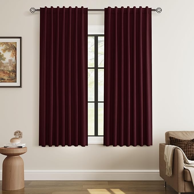 Guken 100% Blackout Curtains 63 Inch Length 2 Panels Set for Living Room Bedroom Back Tab Thermal Insulated Black Out Linen Drapes Room Darkening Window Curtains 63 Inches Long,Burgundy