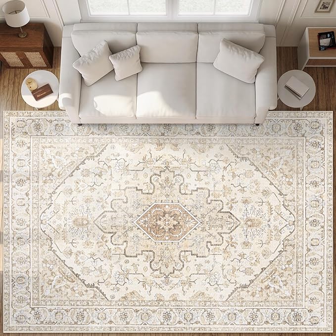 Area Rugs 9x12 Vintage Rug: Large Washable Living Room Rug Retro Medallion Distressed Soft Low Pile Non-Slip Indoor Floor Carpet for Bedroom Dining Table Office (BeigeBrown,9'x12')