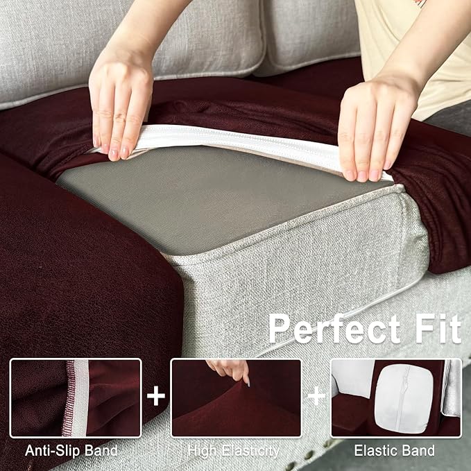 Leather Look Couch Cushion Covers Sofa Seat Slipcovers Sets Couches Furniture Protector for Sectional Armchair Loveseat Pets Kids Stretch Spandex Fabric (3 Cushion Sofa, Burgundy)