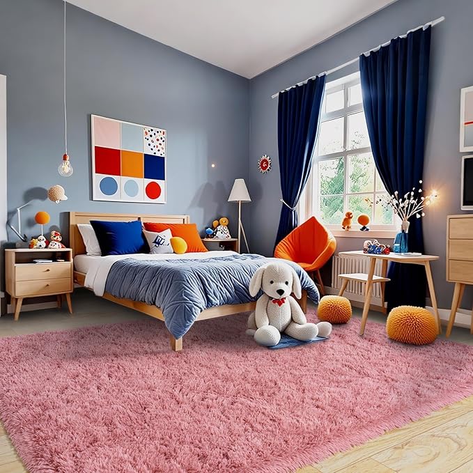 Pionblank 8x10 Rug for Living Room, Fuzzy Plush Large Area Rug, Fluffy Modern Shag Non Slip Soft Furry Carpet for Bedroom Kids Room Nursery Teens Dorm Home Decor, Blush