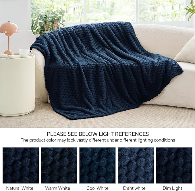 BEDELITE Fleece Blanket - 3D Jacquard Decorative Navy Queen Size Blankets for Bed, Soft and Cozy Warm Plush Fluffy Blanket All Seasons Suitable, 90x90Inches