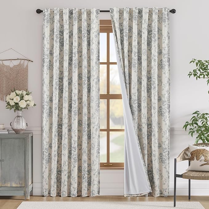 jinchan Blackout Floral Curtains for Living Room Bedroom Linen Blend Curtain Farmhouse Grey Printed with Lined Back Tab Rod Pocket Drapes Window Treatments 2 Panels 84 Inch Gray