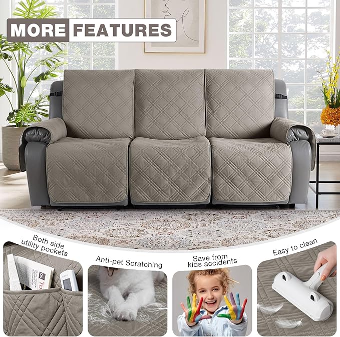 TAOCOCO Waterproof Recliner Sofa Cover, Non Slip Split Recliner Couch Covers with Elastic Straps Pocket, Washable Reclining Sofa Cover Furniture Protector for Kids, Dogs, Pets(3 Seater, Light Brown)