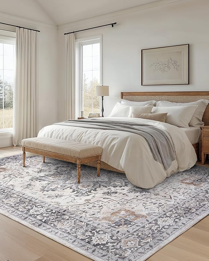 AMADA HOMEFURNISHING 9x12 Washable Area Rug, Low-Profile Large Area Rug with Non-Slip Backing & Durable Edge Binding, Vintage Large Rugs for Living Room, Bedroom & Dinning Room