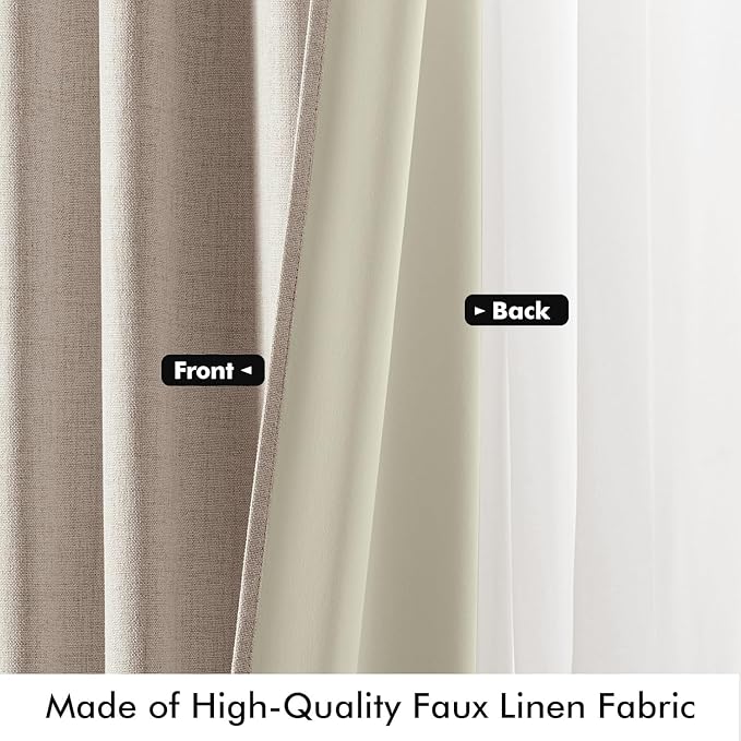 MIULEE 100% Blackout Linen Curtains for Bedroom, Khaki Solid Luxury Decor Thermal Insulation Room Darkening Drapes for Living Room Nursery Back Tab Rod Pocket 42 x 90 Inches, 2 Panels