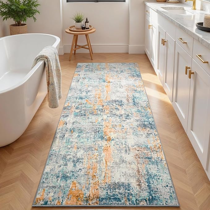 2x6 Rug Runners for Hallways Kitchen Runner Rug Non Slip Washable Blue Long Runner Rugs with Rubber Backing Soft Abstract Carpet Runner for Hallways, Kitchen, Bedroom, Bathroom, Entryway