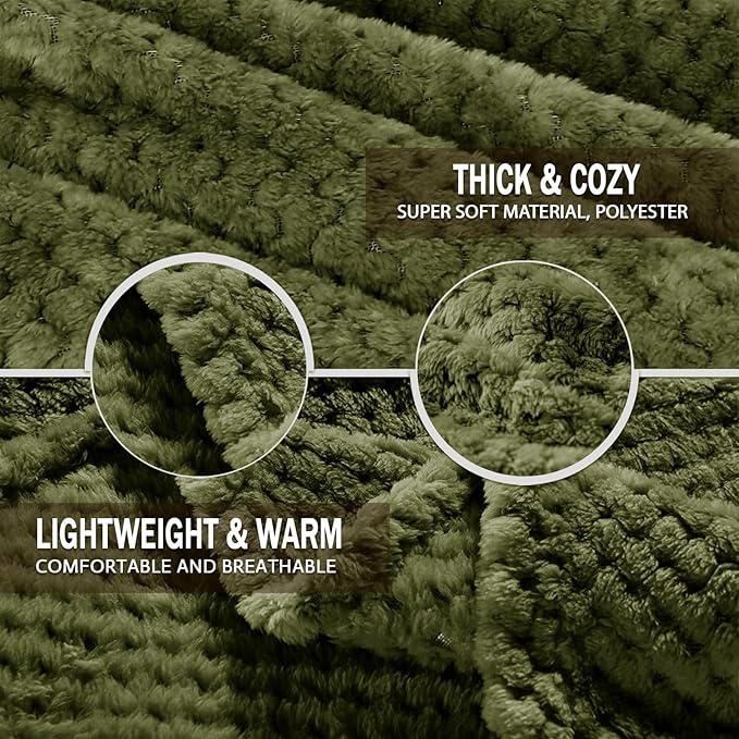 Exclusivo Mezcla Fleece Bed Blanket Twin Size, Super Soft and Warm Blankets for Couch, Sofa and Bed Waffle Textured, Cozy, Fuzzy and Lightweight (Olive Green, 60x80 Inches)