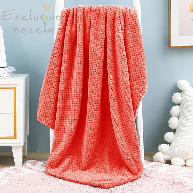 Exclusivo Mezcla Fleece Throw Blanket, Super Soft and Warm Blankets for Couch, Sofa and Bed Waffle Textured, Cozy, Fuzzy and Lightweight (Coral Orange, 40x50 Inches)