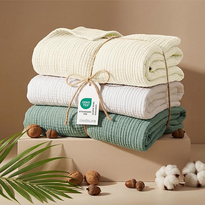 Bedsure 100% Cotton Muslin Blankets for Adults Large Throw 50x70 Inches - 4-Layer Breathable and Lightweight, Soft Boho Gauze Muslin Cotton Blanket for Couch Decor Travel Summer, Cream