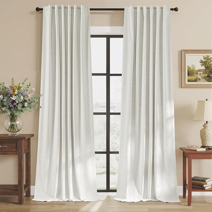 RYB HOME Ivory White 100% Blackout Curtains for Bedroom, Linen Drapes Back Tab&Rod Pocket, Thermal Insulated Privacy Assurd Curtains for Sliding Glass Doors/Dining/Living Room, W52 x L108, 2 Panels