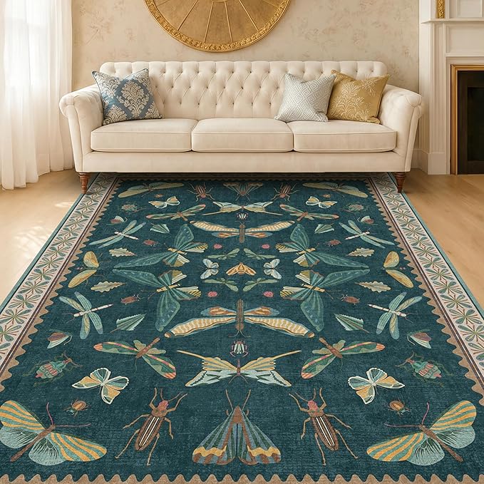 Hazo Haus Insect Blue Green Living Room Rug 5x8 - Washable Area Rug for Bedroom, Dining Room, Kids Playroom, Home Office, Boho Butterfly Non Slip Stan Resistant