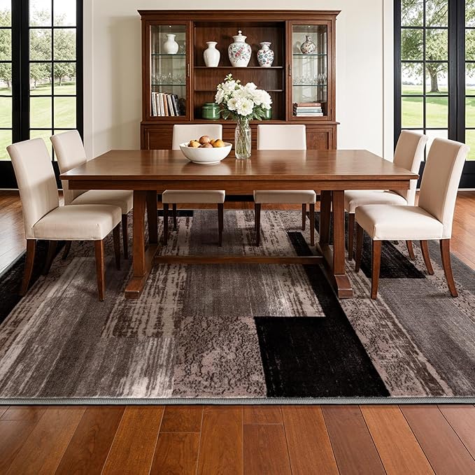 LIANLAM 6x9 Washable Area Rugs for Living Room and Bedroom, Vintage Checkered Pattern Non-Slip Carpet, Stain Resistant Low Pile Soft Rug for Dining Room,Office,Nursery,Kids Room(6x9,Gray)