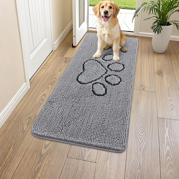 Smiry Dog Door Mat for Muddy Paws, Absorbent Dirt Trapper Non Slip Quick Dry Washable Chenille Mat for Mud Dogs, Entry Rug for Indoor and Outdoor (47x24 Inches, Grey and Black)