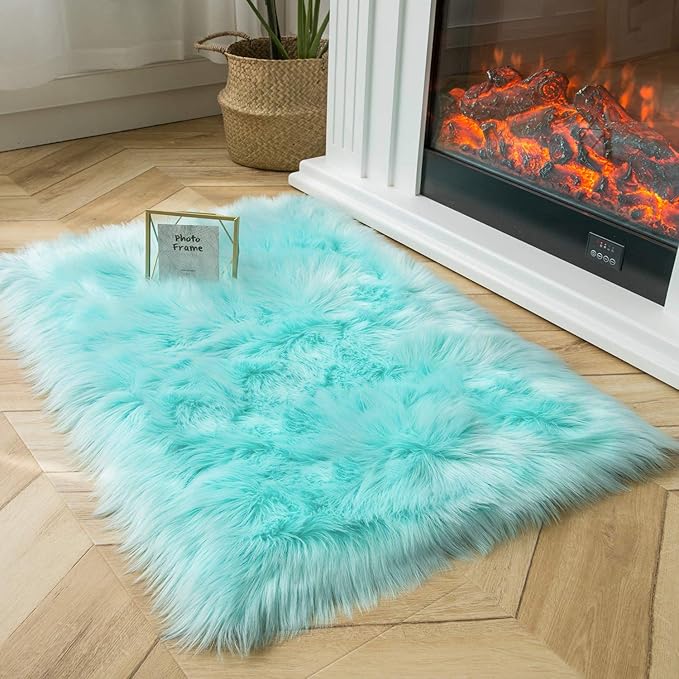 Ashler faux fur rug, Fluffy Shaggy Area Rug Ultra Soft 2 x 2.9 Feet Rectangle Fur Rug Turquoise Fuzzy Rug Machine Washable Shag Rug, Nursery Decor Throw Rugs for Bedroom, kids room, Living Room