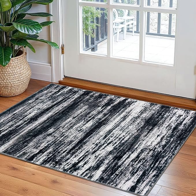 KOZYFLY Modern Abstract Small Area Rugs, 2x3 Washable Kitchen Rug Non-Slip Soft Small Bathroom Rug, Black Navy Blue Grey Striped Entryway Rugs Faux Wool Doormat for Bedside Entrance Bedroom Sink