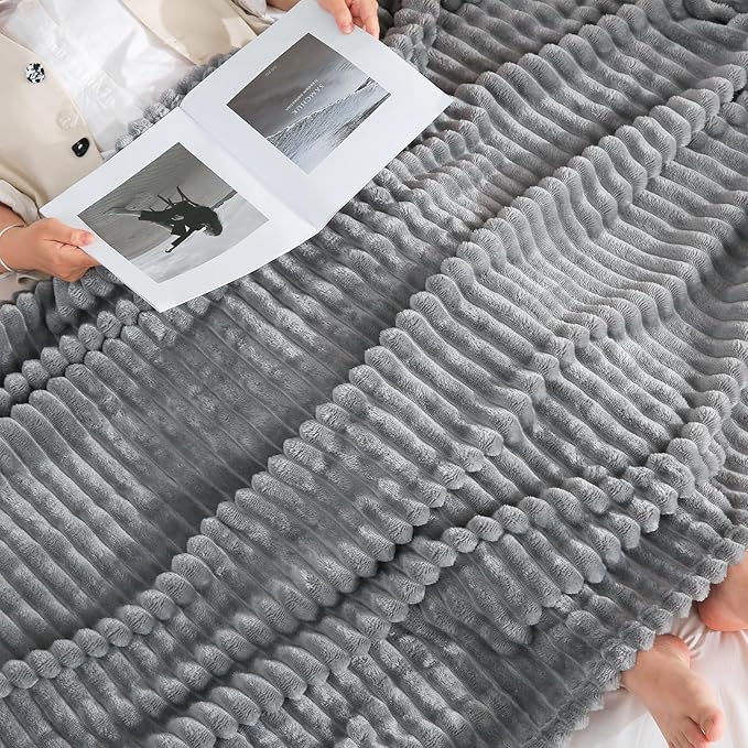 Grey Fleece Throw Blanket 90”×90” for Couch Sofa Bed,Super Soft Cozy Plush Microfiber Flannel Blanket with Stripes Design Lightweight for Adults,Woman,Girls