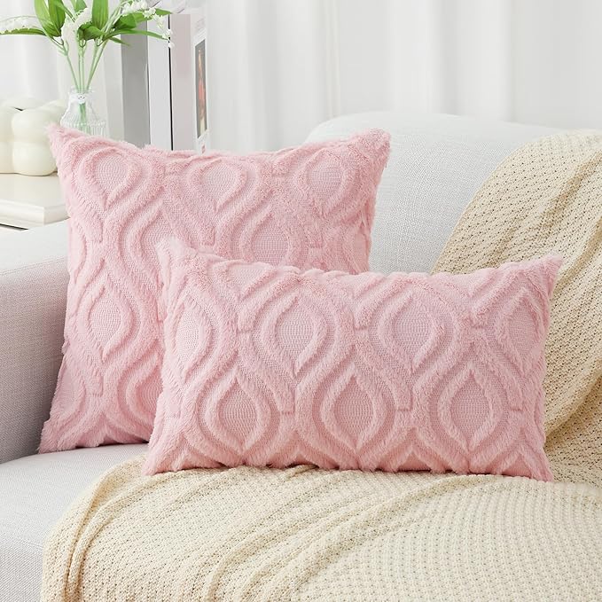 decorUhome Summer Throw Pillow Covers 24x24 Inch Set of 2, Soft Plush Faux Wool Light Pink Solid Couch Pillow Covers, Accent Euro Sham Farmhouse Neutral Square Pillow Cases for Sofa Bed Living Room