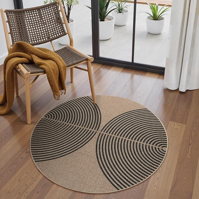 Lahome Enfys Modern Rainbow Round Rug, 3ft Small Washable Circle Carpet Natural Indoor Outdoor Patio Front Porch Rug, Farmhouse Non Slip Non Shedding Contemporary Round Mat for Entryway