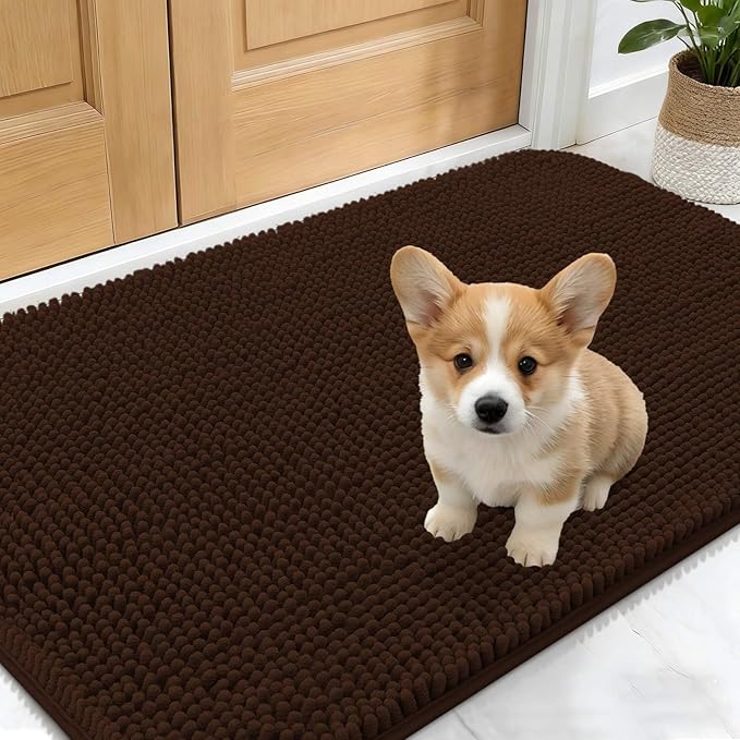 OLANLY Dog Door Mat for Muddy Paws 30x17, Absorbs Moisture and Dirt, Absorbent Non-Slip Washable Doormat, Quick Dry Chenille Mud Mat for Dogs, Entry Indoor Entryway Carpet for Inside Floor, Brown