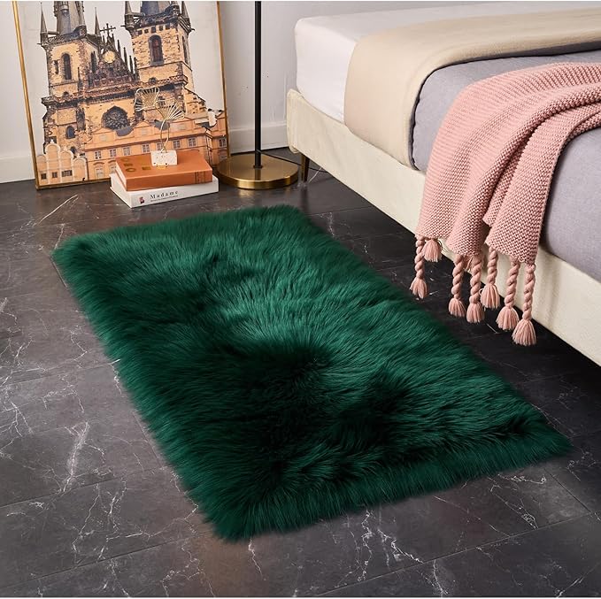 EasyJoy Ultra Soft Fluffy Shaggy Area Rug Faux Fur Rug Chair Cover Seat Pad Fuzzy Area Rug for Bedroom Floor Sofa Living Room (2 x 4 ft Rectangle, Dark Green)
