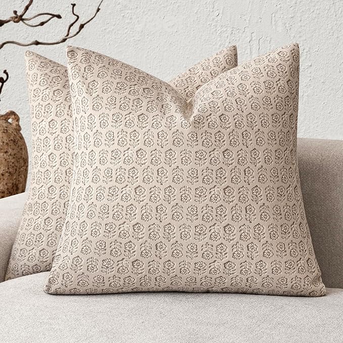 Foindtower Set of 2 Decorative Vintage Floral Print Throw Pillow Covers Neutral Modern Farmhouse Cushion Covers Boho Home Decor for Sofa Couch Chair Bedroom Living Room,20×20 Inch,Ivory Beige