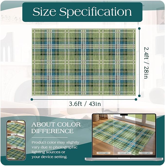 Buffalo Outdoor Rug - 28" x 43" Front Door Mat Indoor Outside Entrance Non-Slip Washable Outdoor Mat Green Teal Plaid Tartan Rug for Entryway Kitchen Bedroom Layered Doormat for Front Porch
